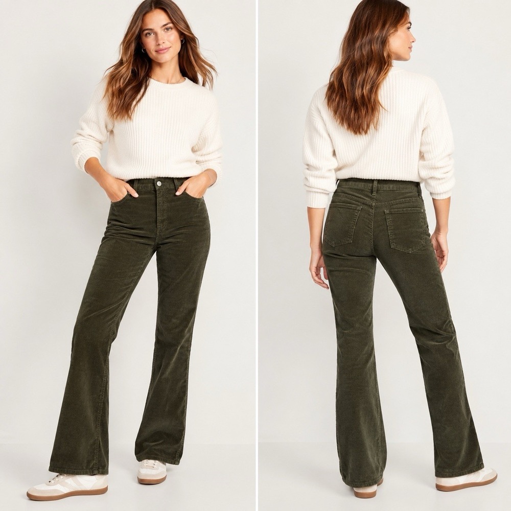 Old Navy Extra High Rise Kicker Boot Cut Corduroy Pants Size 8 Forest Green EUC